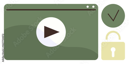 Media player with play button, checkmark indicating verified content, and padlock symbolizing secure access. Ideal for media, streaming, security, online video, authentication, privacy compliance