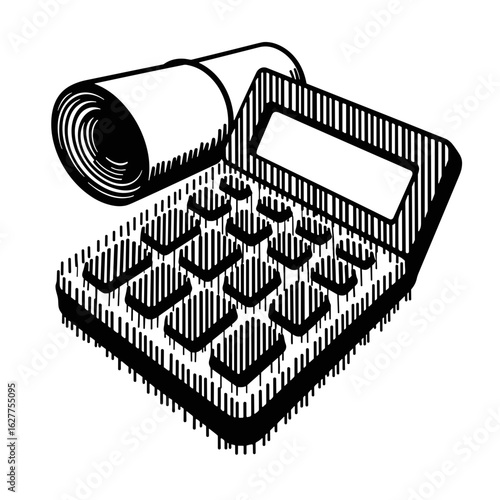 Calculator beside rolled bill – Black and white abstract, financial symbolism