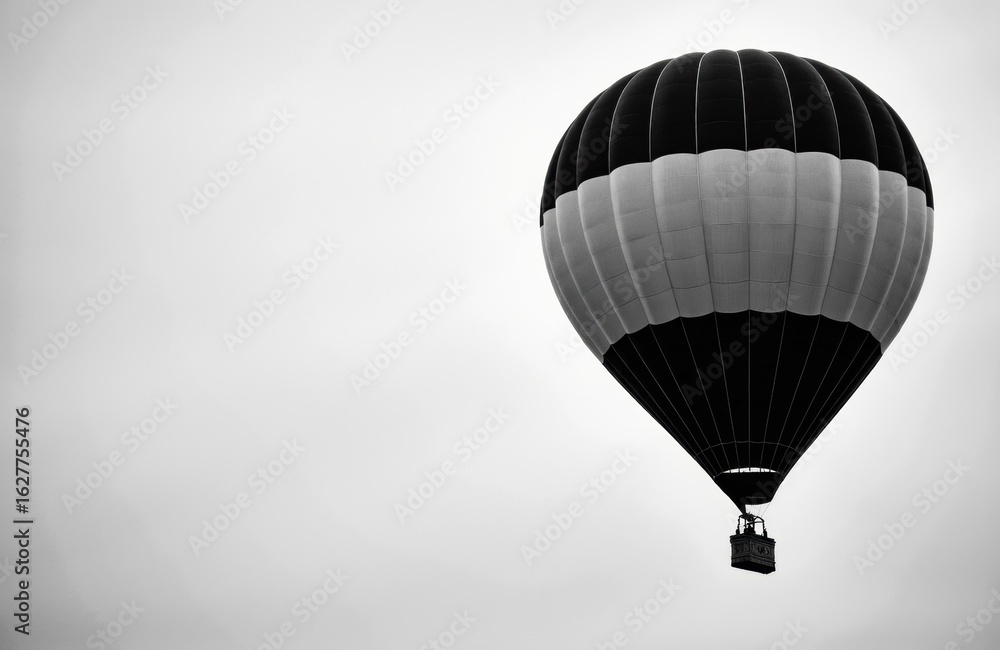 Obraz premium A black and white hot air balloon floating in the sky with a minimalist background