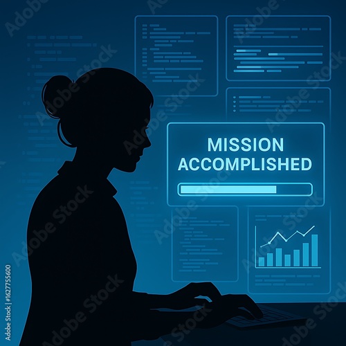 Silhouette of businesswoman at computer; Mission Accomplished; digital progress bar; blue tech background; successful project completion.