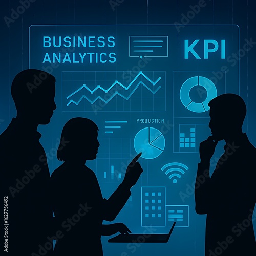 Silhouette Business Team Analyzing KPI Data:  Strategic Planning, Growth, and Production Analytics Dashboard.