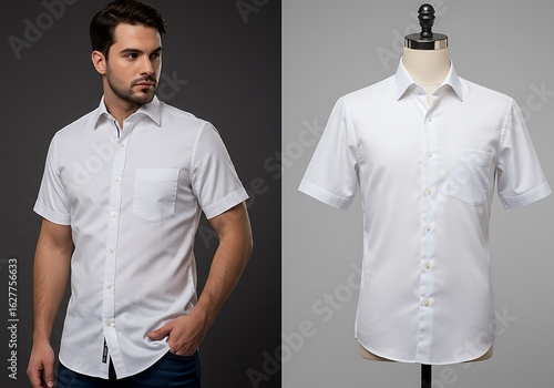 Man wearing white short sleeve button down shirt and shirt displayed on mannequin