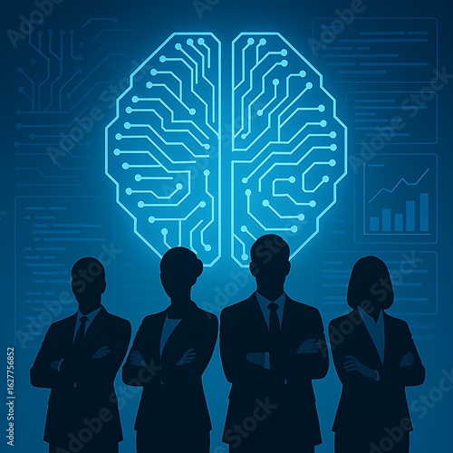 Confident Business Team, AI Brain, Technological Innovation, Blue Corporate Background