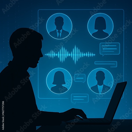 Silhouette of Person Using Laptop for Online Team Communication, Voice Messaging, Blue Interface