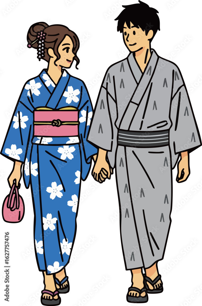 Fototapeta premium 花火大会へ向かう浴衣姿のカップル_夏の夜のイベントアニメイラスト