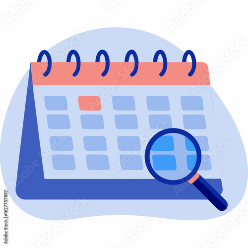 Calendar with magnifier in flat style and blue background  