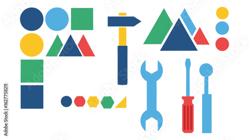 Colorful Geometric Shapes and Construction Tools Flat Design Set