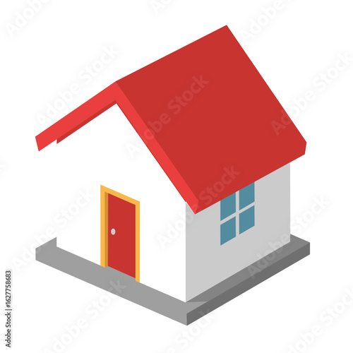 Simple isometric illustration of a white house with a red roof