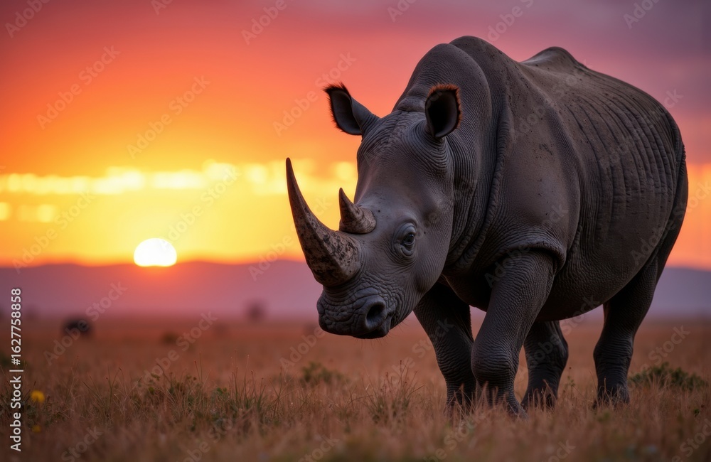 Fototapeta premium A rhinoceros standing in a grassy plain during a vibrant sunset scene