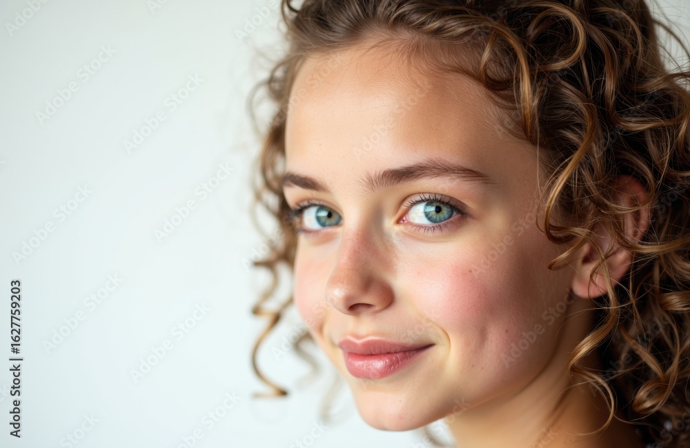 Obraz premium Woman with curly hair and blue eyes smiling softly in a close-up portrait