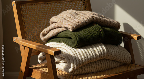 Chunky knit sweaters and cardigans layered casually over a wooden or rattan chair. Neutral color palette with hints of olive, beige, and cream. Shot in soft daylight with cozy mood.

