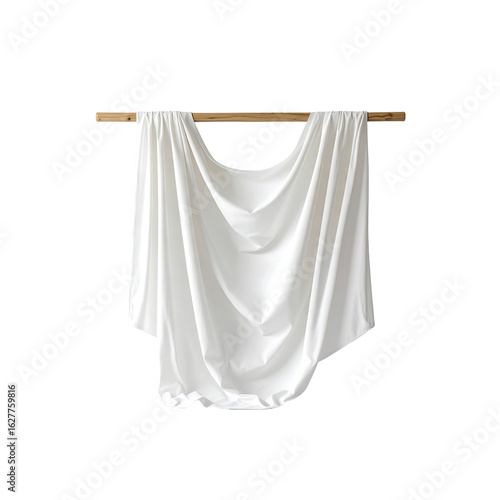 Elegant white cloth draped on wood rod, studio shot on transparent background