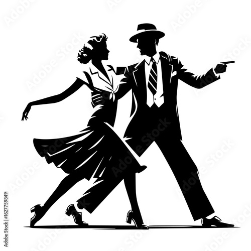 Black and white vector silhouette of a 1940s couple dancing on white background
