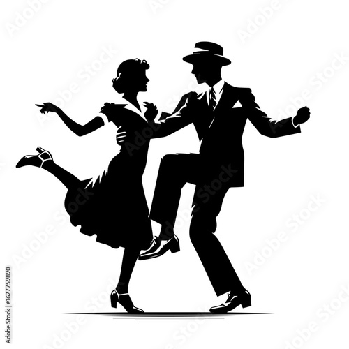 Black and white vector silhouette of a 1940s couple dancing on white background