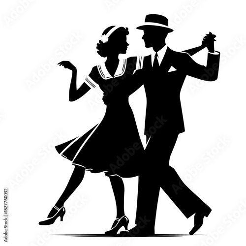 Black and white vector silhouette of a 1940s couple dancing on white background