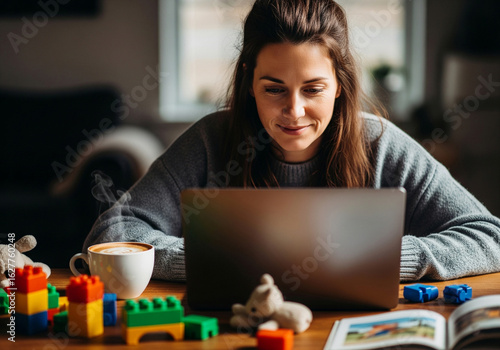 Young woman working from home on a laptop, balancing career and family life.