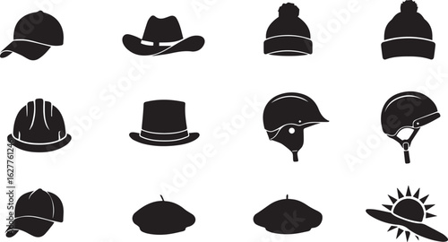 Twelve black silhouette headwear icons featuring baseball caps cowboy hats beanies helmets top hat berets and sun hat