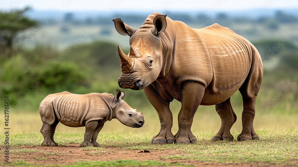 Fototapeta premium Lone Rhino Stands in Savanna Environment Amidst Poaching Threats