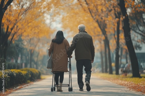 Senior man using a walking frame and walking with his adult daughter in a park, symbolizing family care and the importance of outdoor activity for seniors, Generative AI