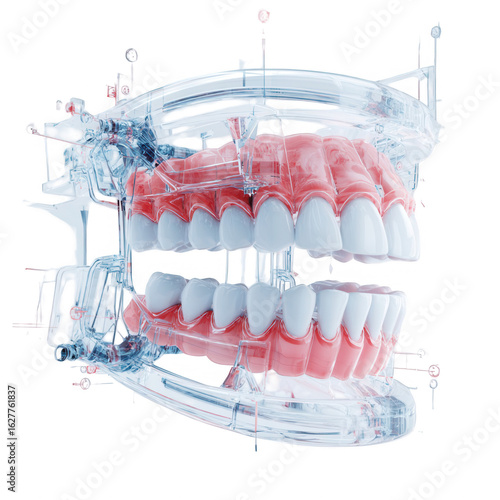 X-ray-like image of a dental model showing upper and lower dentures in a jaw mount with alignment pins