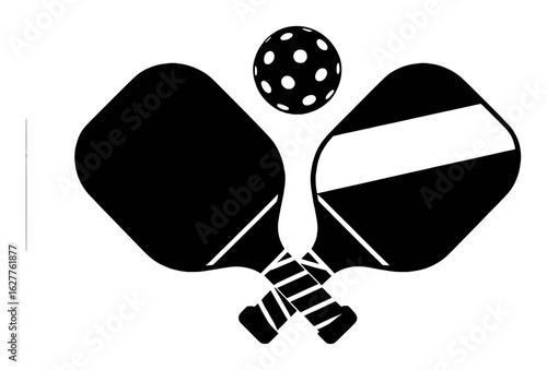 Black pickleball paddles crossed with ball above sport game