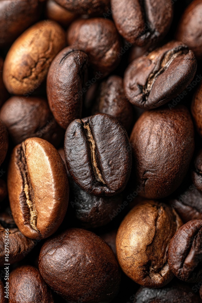 Naklejka premium Close-up view of many coffee beans, various shades of brown, tightly packed