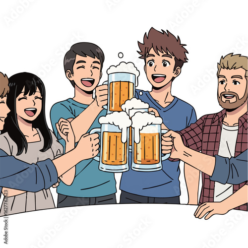 ビアガーデンで乾杯する人々_夏の夜の賑わいアニメイラスト