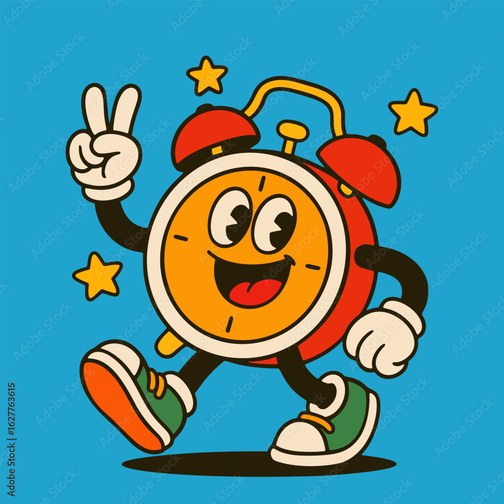 Naklejka premium Smiling Alarm Clock Cartoon Character Making Peace Sign. Vector illustration.