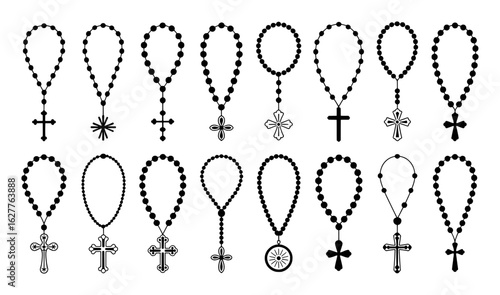 Black rosary beads with crosses and circular pendant designs vector