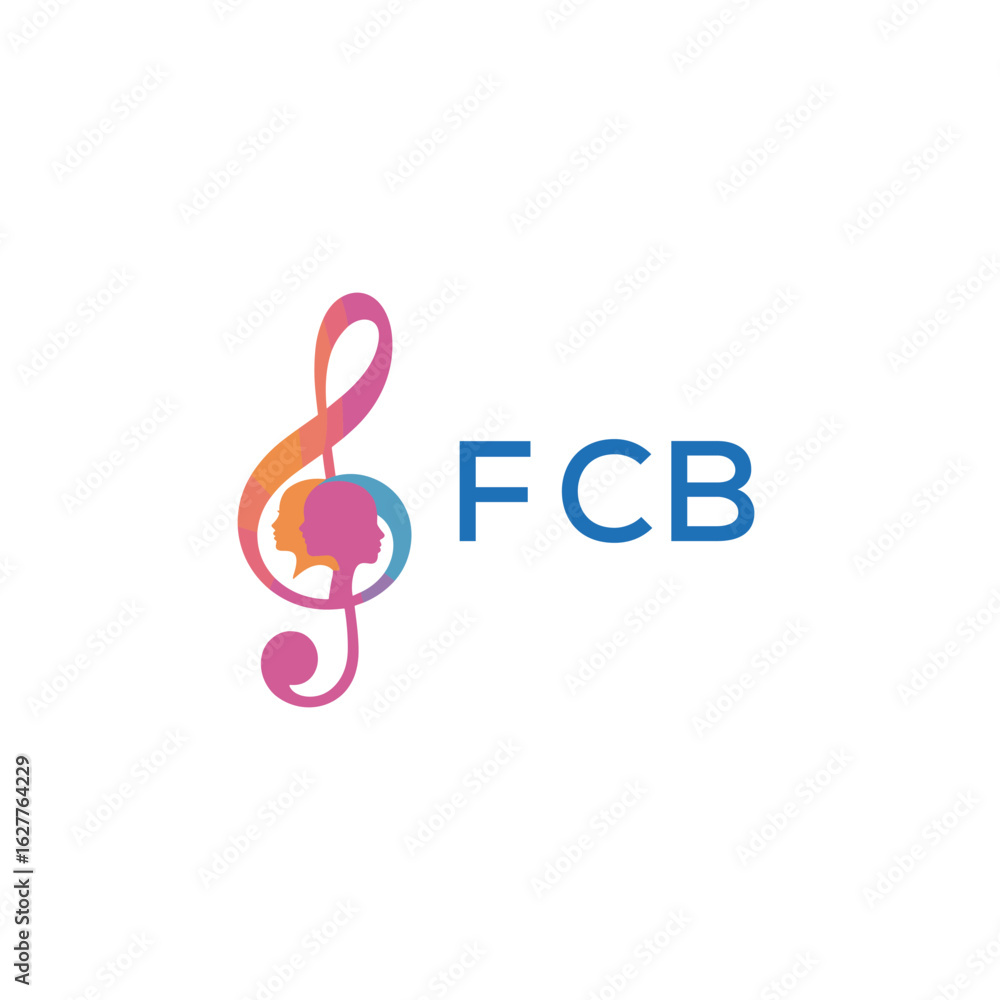Fototapeta premium FCB “Colorful music logo with human faces and treble clef design” FCB Later Logo, “Abstract music school logo with people and melody icon” 