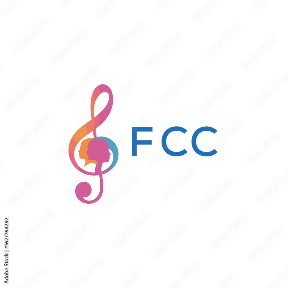 Naklejka premium FCC “Creative music logo with human silhouettes and treble clef in gradient colors, FCC Later Logo, modern artistic design isolated on white background” 