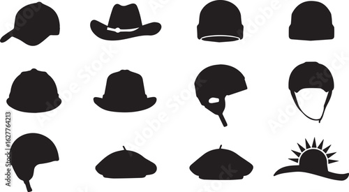 Twelve black silhouette headwear icons including baseball caps cowboy hats beanies helmets berets and sun hat