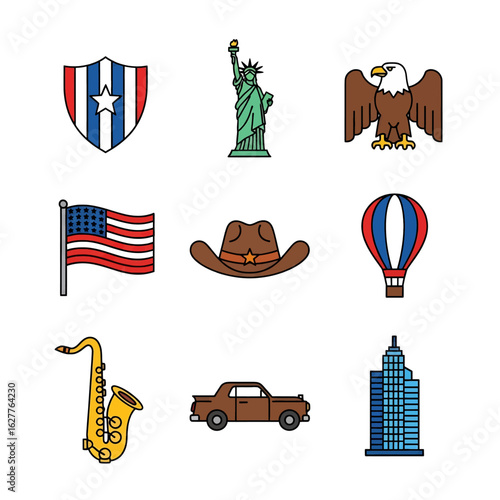 flat illustration icon set with transparent background of diverse American symbols. Ideal for USA themes