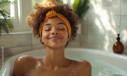 Happy black woman relaxing in her bathroom, radiating confidence and  positivity in a self-care setting, Generative AI