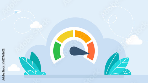 Speedometer object with increasing value. Symbol of growth loading. Concept of speed, risk and rating levels. Diagram scale meter or rating 4 options for business presentation. Vector illustration.