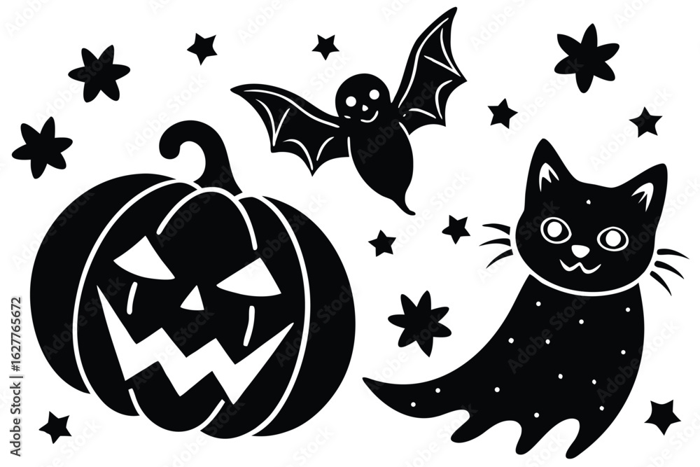 Fototapeta premium Cute halloween characters including a jack o lantern bat and black cat with stars