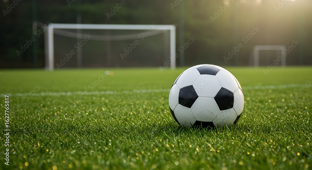Fototapeta premium Classic Soccer Ball on a Dewy Pitch Bathed in Golden Morning Light.