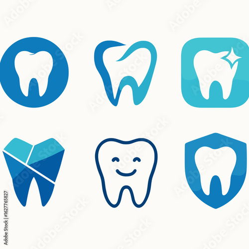 Collection of dental logos featuring various tooth designs and styles against a light background