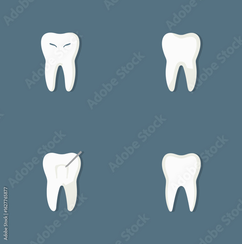 Four white tooth icons showcasing different dental expressions and actions against a blue background