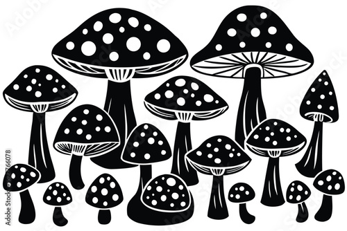 Black and white illustration of a variety of spotted mushrooms