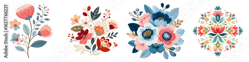 Folk Art Floral Collection: Hand-Drawn Flowers & Leaves on White Background