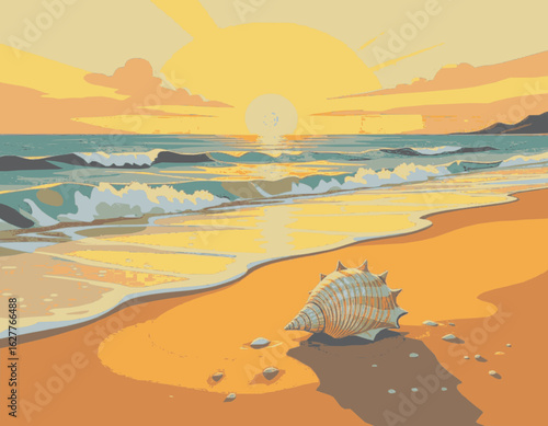 una caracola en medio de una playa al amanece