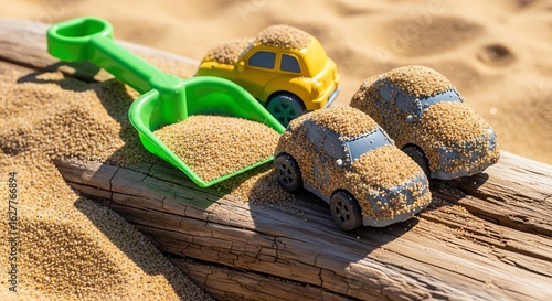 Toy cars playing in sand