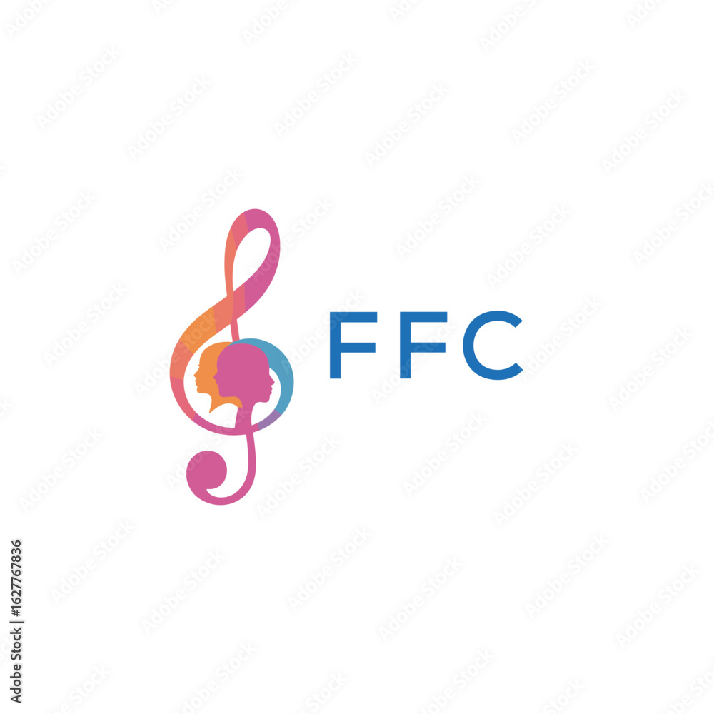 Fototapeta premium FFC “Creative music logo with human silhouettes and treble clef in gradient colors, FFC Later Logo, modern artistic design isolated on white background” 