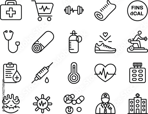 Collection of hand drawn medical and fitness icons for health and wellness