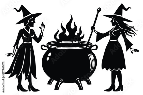 Two witches in pointy hats stirring a bubbling cauldron with flames