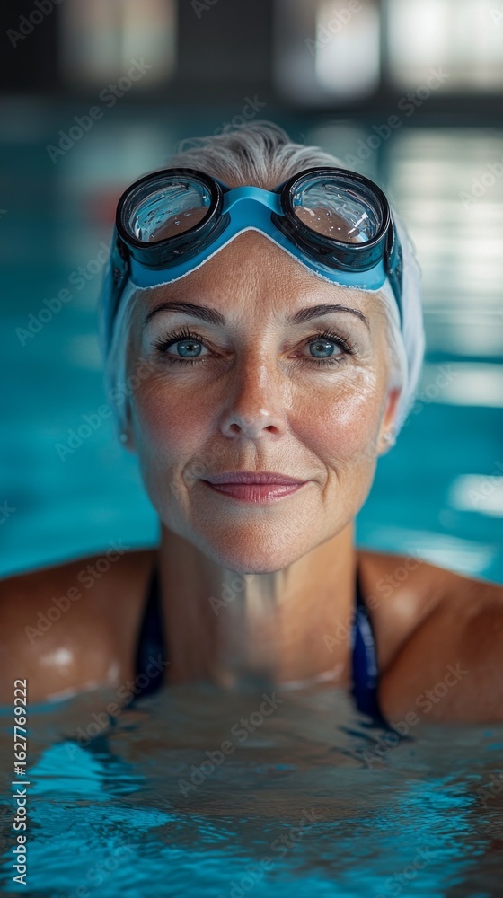 Naklejka premium Portrait of a woman in a swimming pool with a swim cap and goggles. Useful for articles about swimming, healthy lifestyle and sports activities.