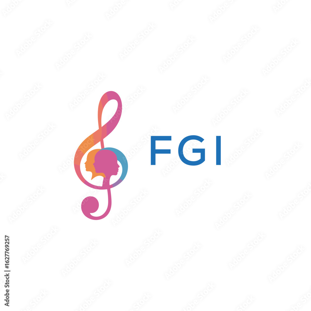 Fototapeta premium FGI “Creative music logo with human silhouettes and treble clef in gradient colors, FGI Later Logo, modern artistic design isolated on white background” 