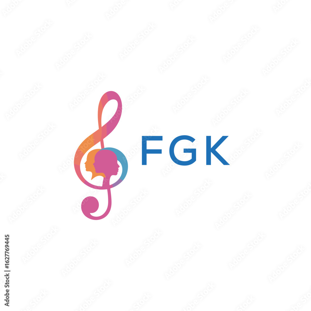Fototapeta premium FGK “Creative music logo with human silhouettes and treble clef in gradient colors, FGK Later Logo, modern artistic design isolated on white background”FGK music logo, FGK treble clef, human FGK sil