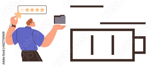 Man holding a five-star rating and a folder beside a battery icon, representing productivity, performance, reviews, task management, efficiency, motivation, and success. Ideal for simple flat